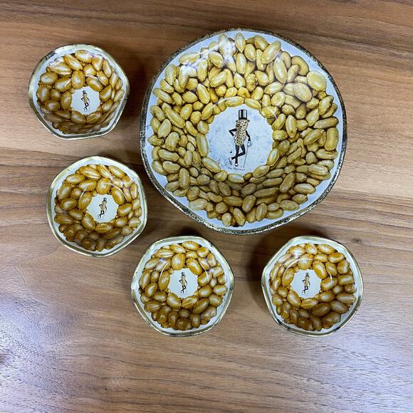 Tin "Mr Peanut" Litho Painted Metal Snack Bowls Metal Barware Advertisement Set - Picture 1 of 10